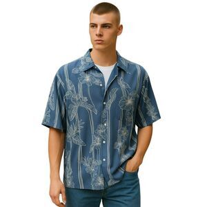 Kiko Bay Linen Hawaiian Shirt Men's Medium Floral Blue  Short Sleeve Summer #301